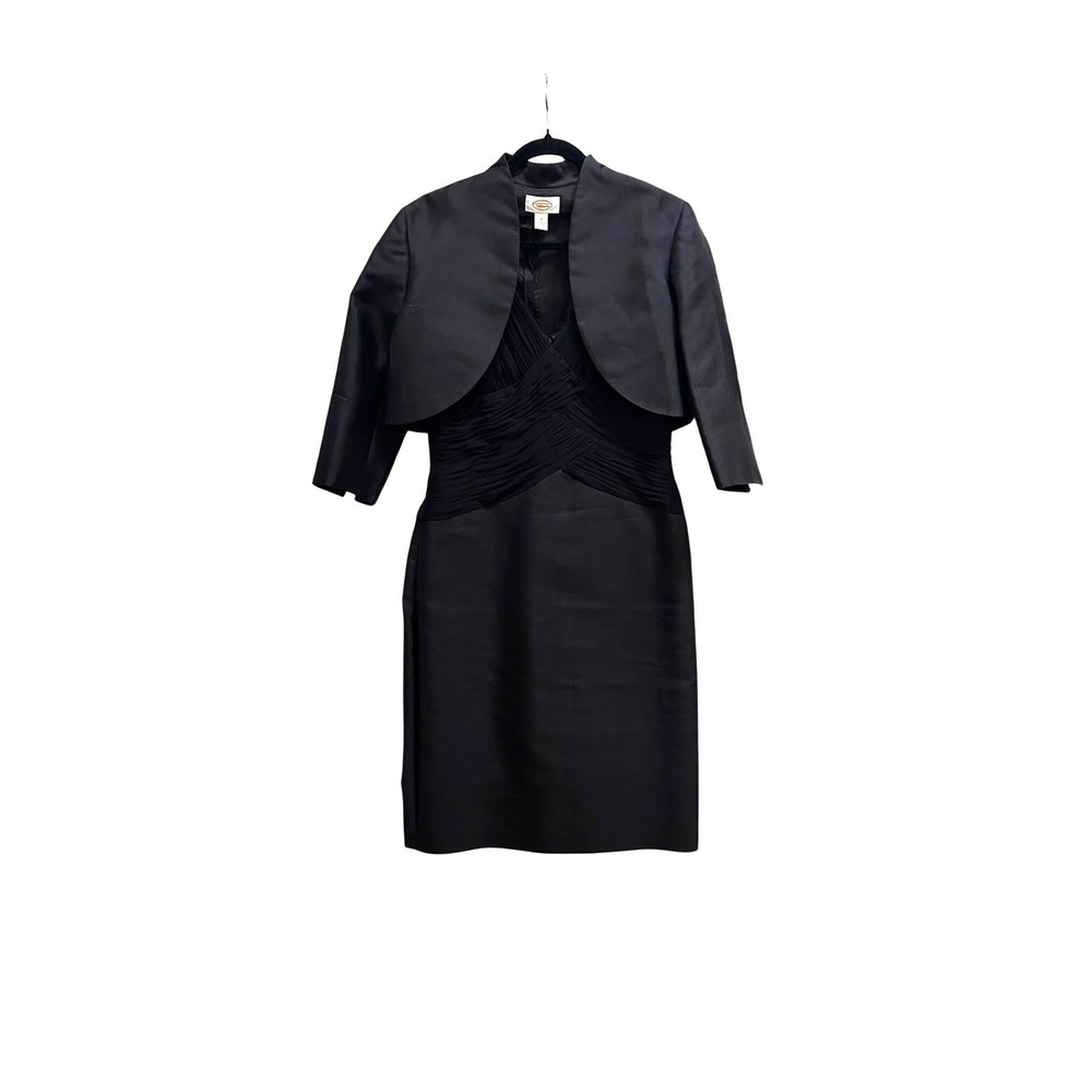 Talbots Womens Black Silk Wool 2 Piece Dress Set Bolero Jacket Size 8 Cocktail
